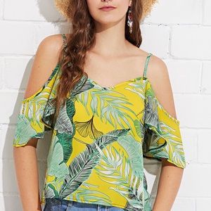 SALE! Yellow Leaf V-neck Cold Shoulder Cami Blouse